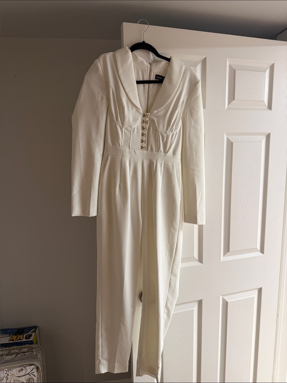 Lavish Alice Cream Long-Sleeve Jumpsuit with Front Hook Detail
